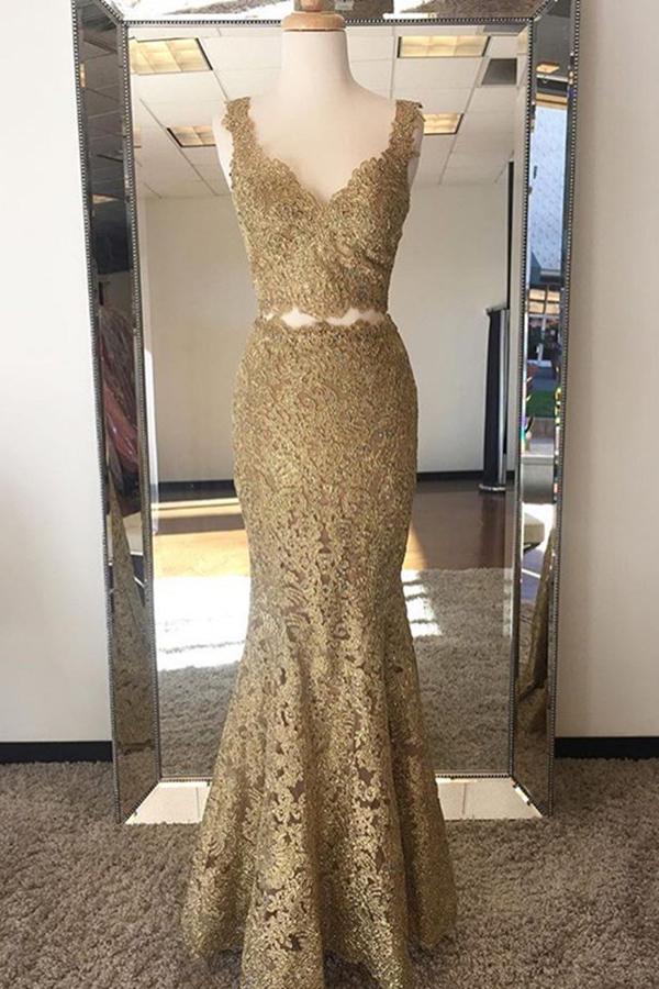 v neck two piece lace gold prom dress mermaid lace evening gown