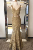 v neck two piece lace gold prom dress mermaid lace evening gown