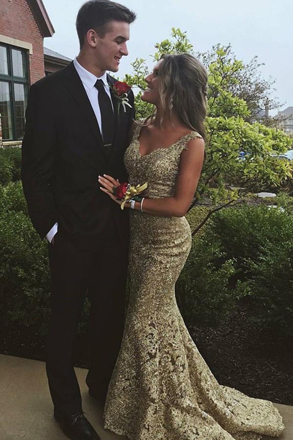 v neck two piece lace gold prom dress mermaid lace evening gown