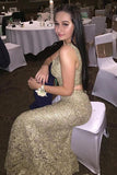 v neck two piece lace gold prom dress mermaid lace evening gown