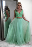 two piece prom dress mint green beading v neck tulle party dress