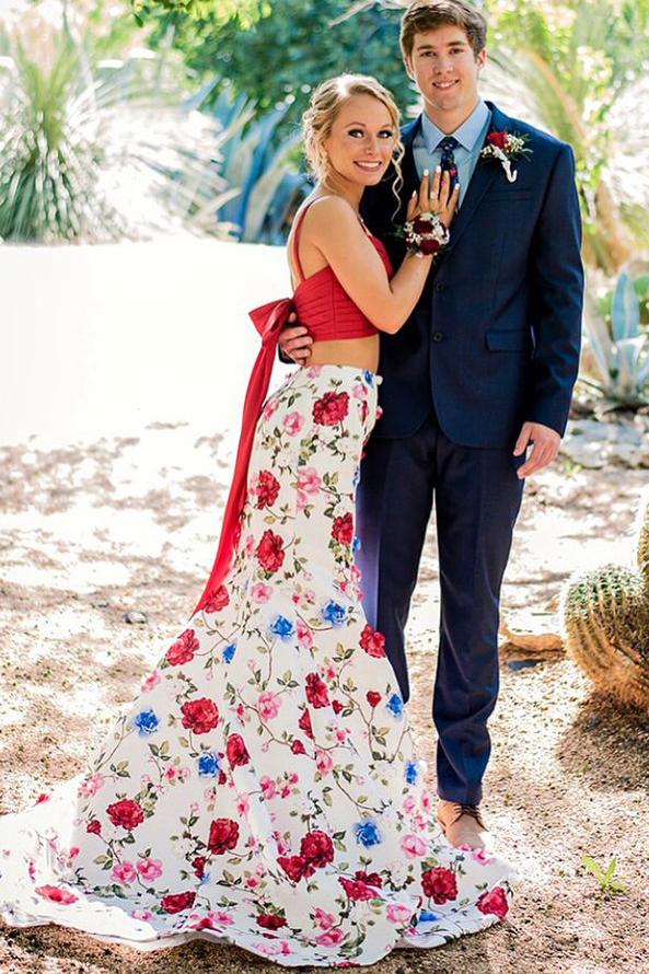 satin floral print mermaid two piece prom dress with bowknot