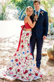 satin floral print mermaid two piece prom dress with bowknot