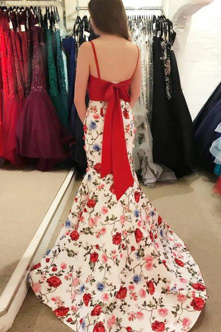 satin floral print mermaid two piece prom dress with bowknot