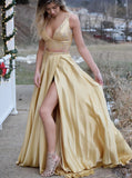 two piece v neck sleeveless prom dress with beading sequins