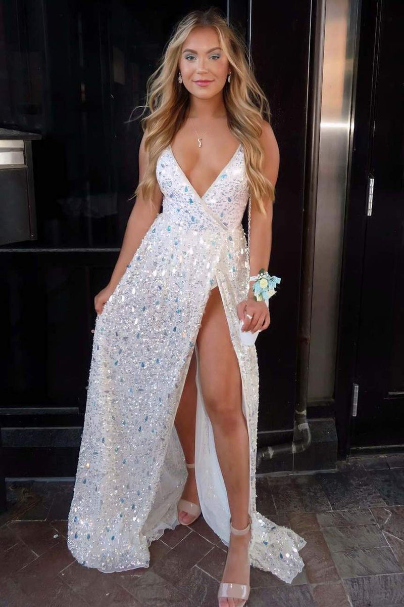 sequined deep v neck white sequins a line sparkly prom gown