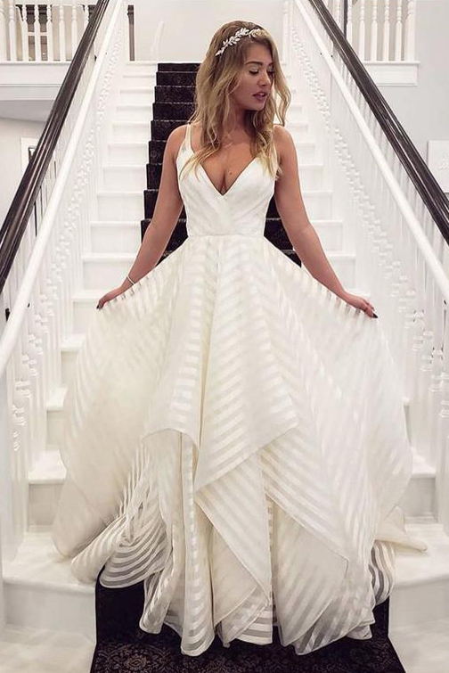 unique a line v neck wedding dresses ivory striped bridal dress
