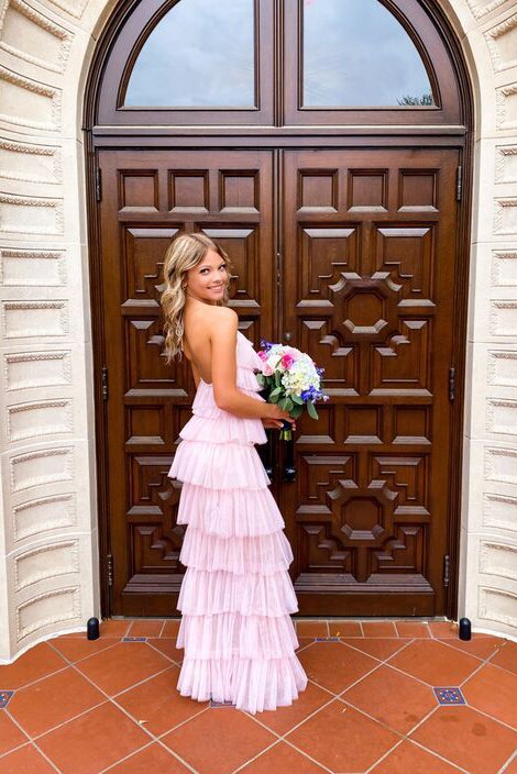 unique halter layered tulle prom dresses pink long bridesmaid dresses