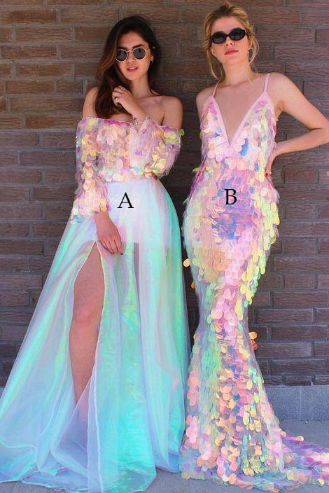 unique iridescent sequins long prom dresses slit evening dresses