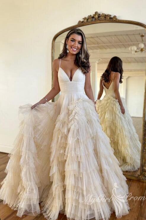unique tulle ruffles pink long prom dresses princess v neck formal dress