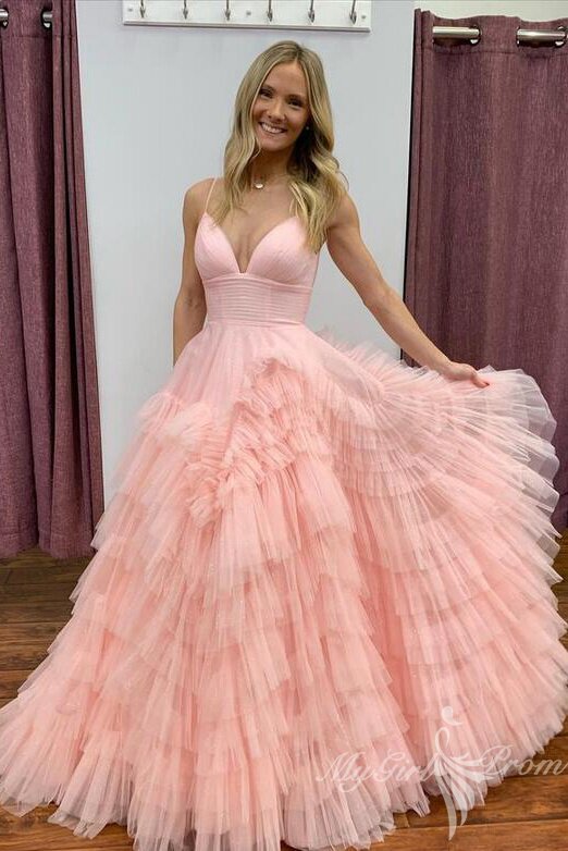unique tulle ruffles pink long prom dresses princess v neck formal dress