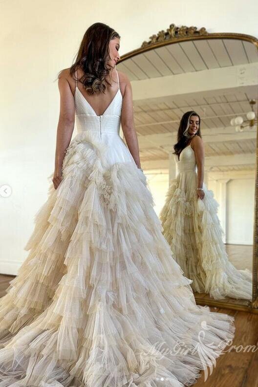 unique tulle ruffles pink long prom dresses princess v neck formal dress