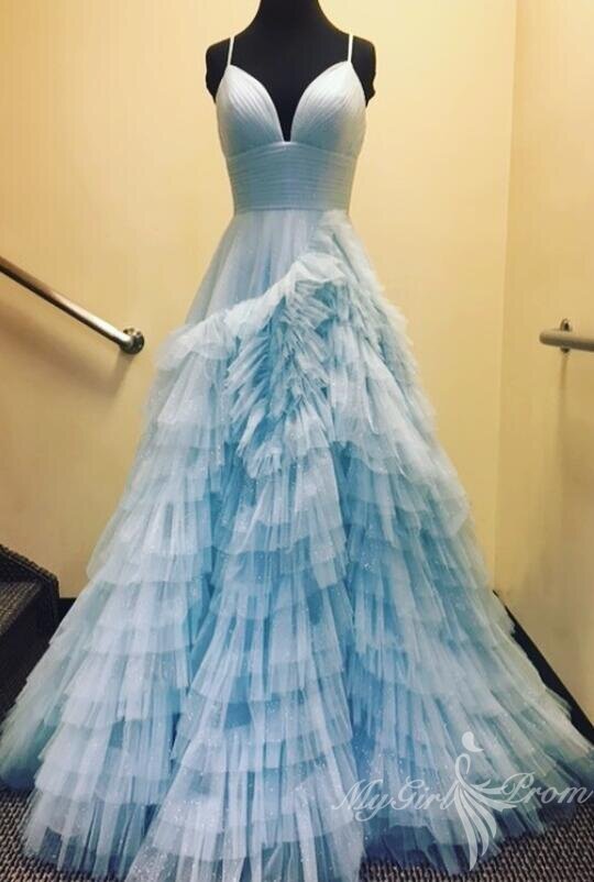 unique tulle ruffles pink long prom dresses princess v neck formal dress