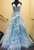 unique tulle ruffles pink long prom dresses princess v neck formal dress