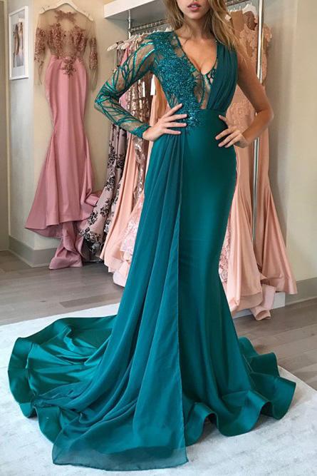 unique one long sleeves mermaid hunter prom dress v neck with appliques