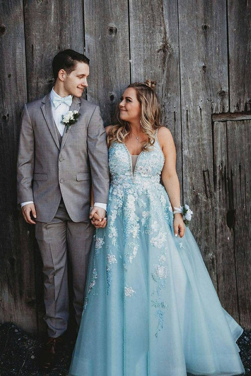 v neck appliqued mint blue long prom dress tulle plus size formal dress