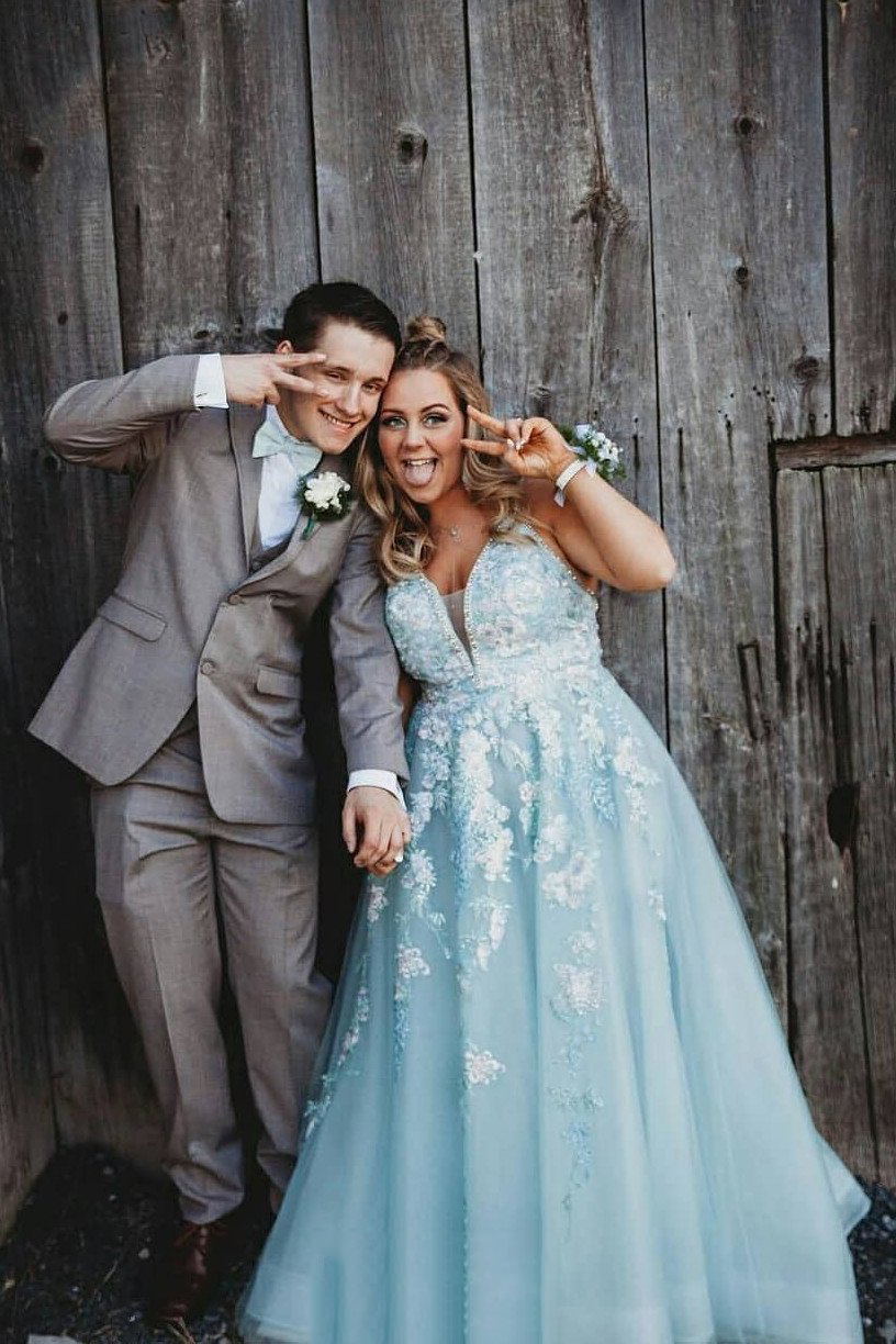 v neck appliqued mint blue long prom dress tulle plus size formal dress