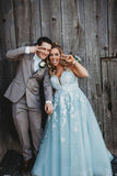 v neck appliqued mint blue long prom dress tulle plus size formal dress