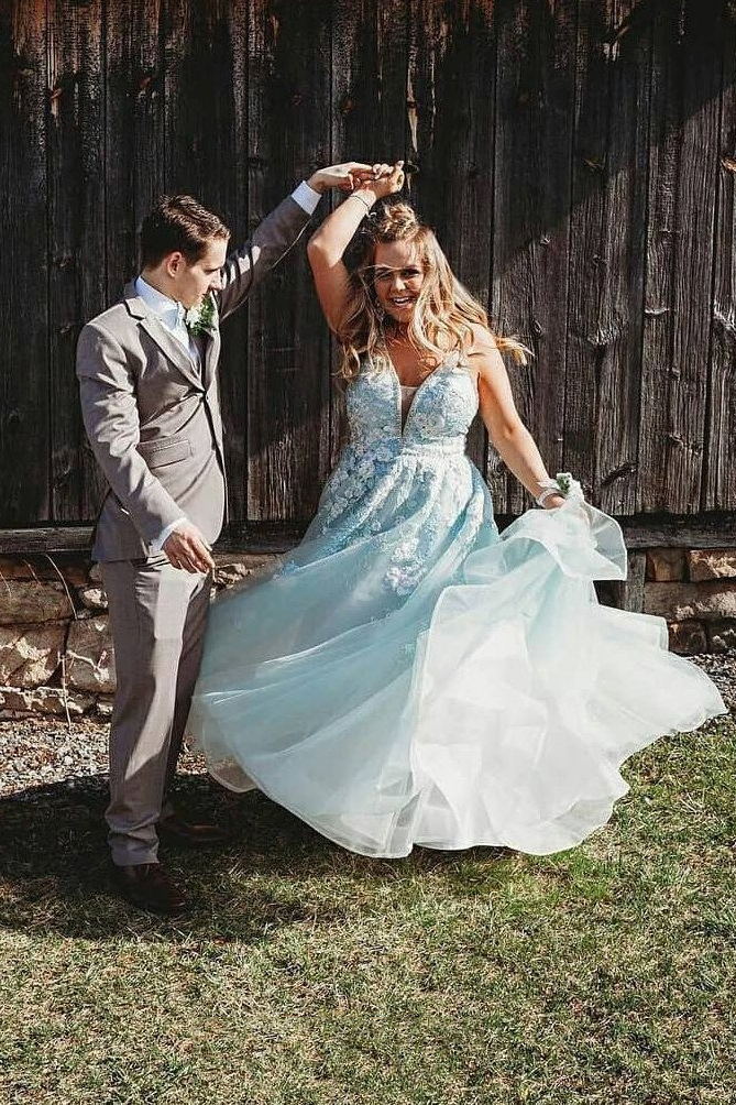 v neck appliqued mint blue long prom dress tulle plus size formal dress