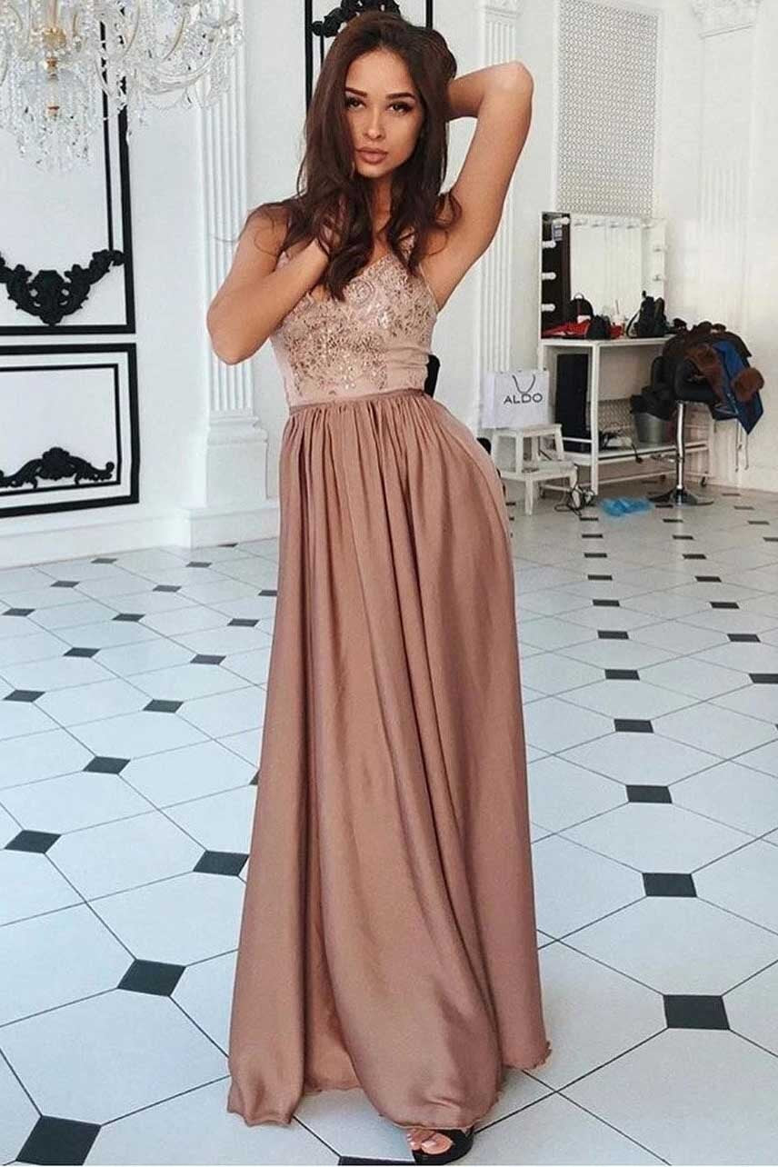 V-neck Elastic Silk Like Satin Long Prom Dress, A-line Evening Dress MP105