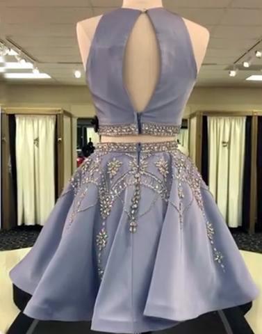 unique two pieces short party dress blue homecoming dresses with rhinestone