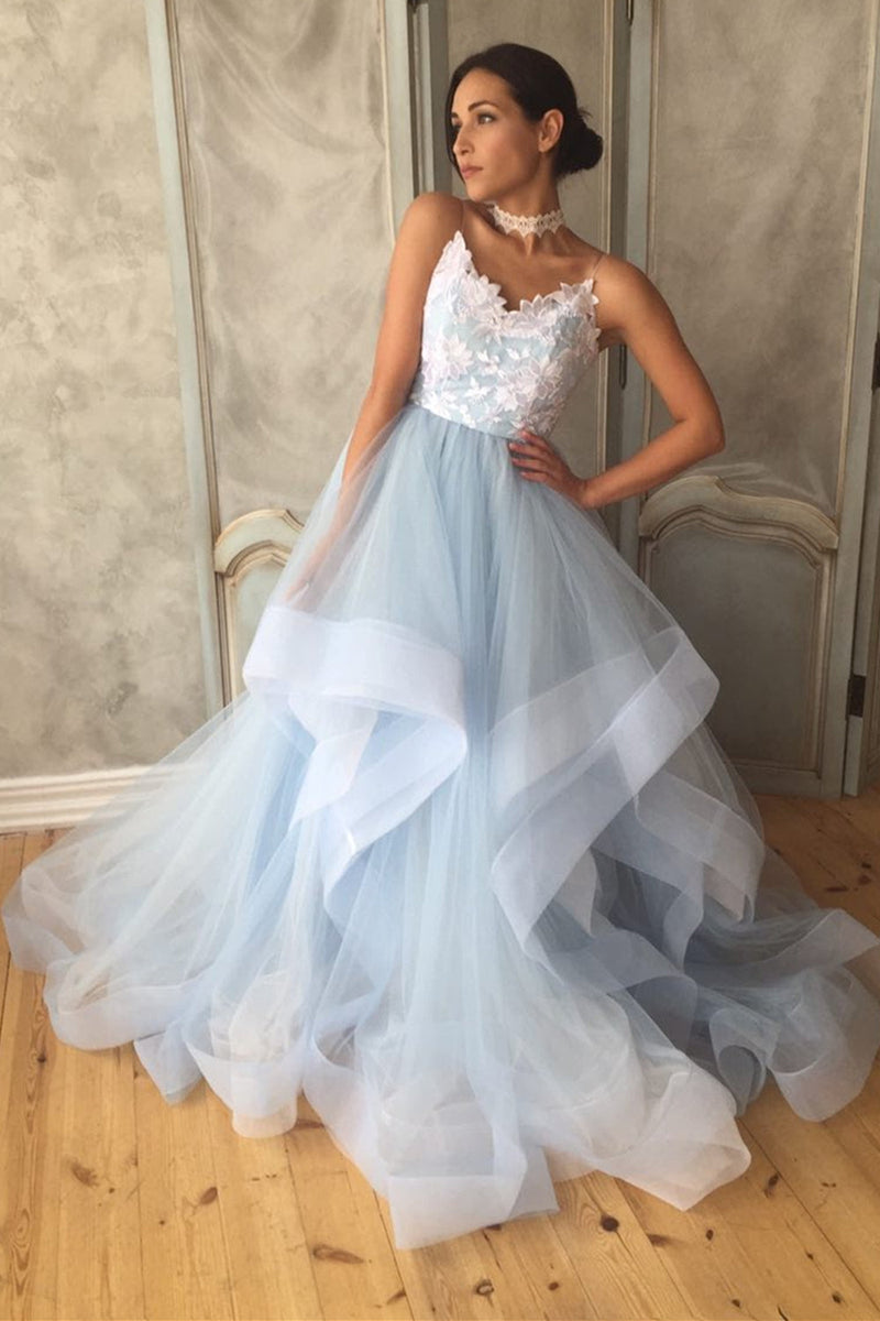 v neck blue long prom dresses with lace appliques backless formal dresses