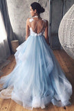 v neck blue long prom dresses with lace appliques backless formal dresses