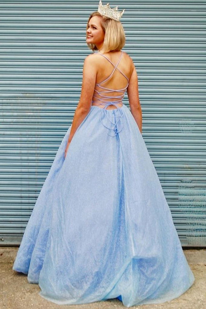 elegant a line v neck light blue backless prom dresses