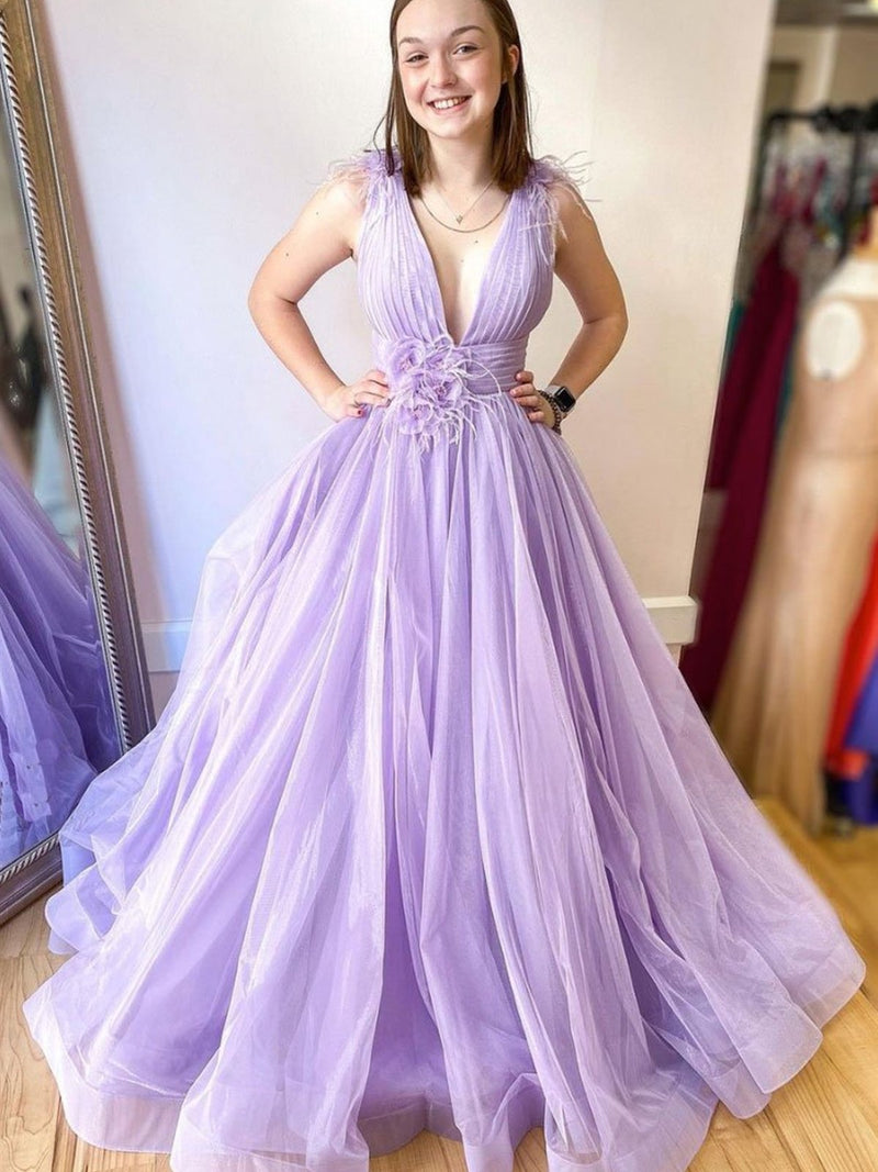 lilac tulle long prom dresses long v neck formal evening dress