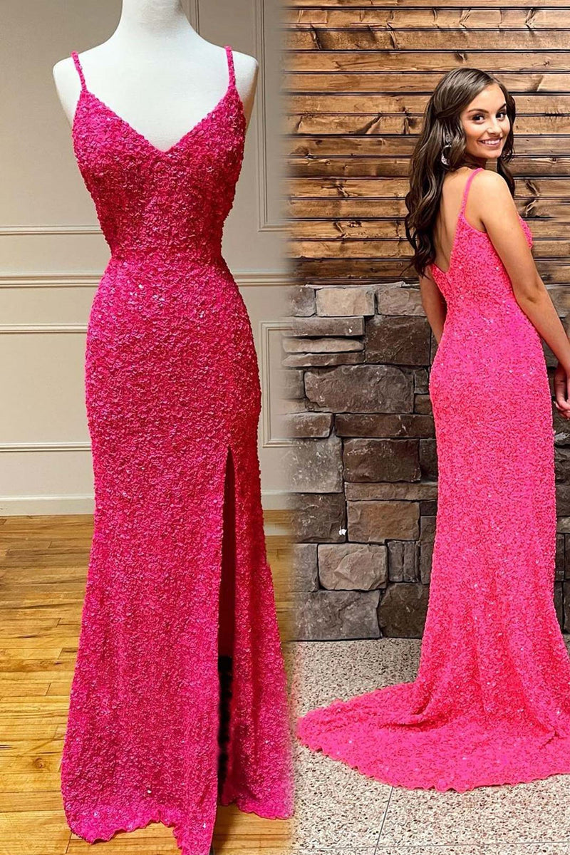 spaghetti straps yellow hot pink backless v neck mermaid prom dresses long formal dresses