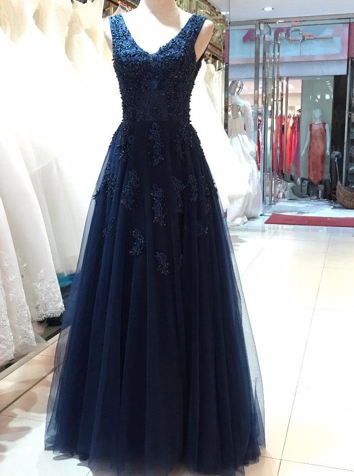 dark navy v neck tulle long prom dress with beading appliqued