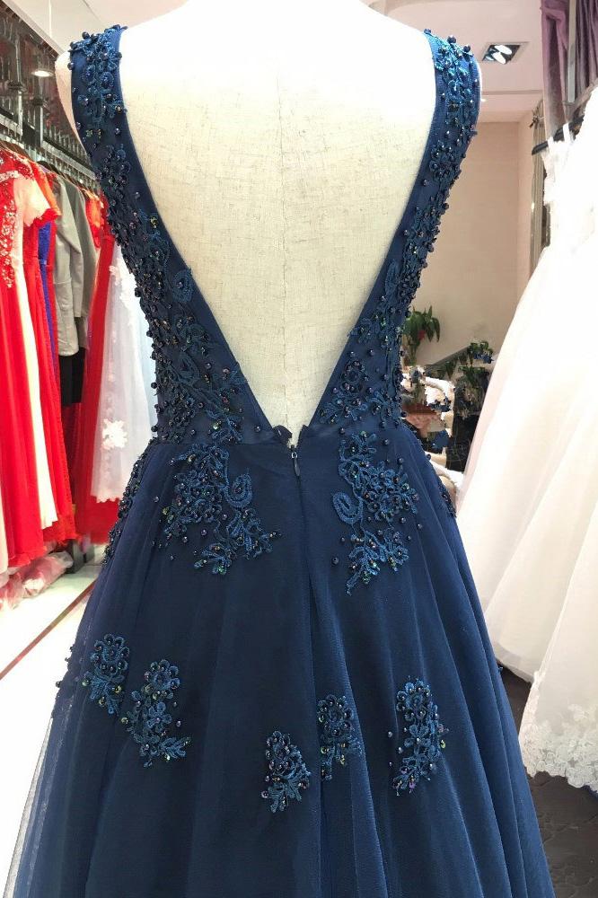 dark navy v neck tulle long prom dress with beading appliqued