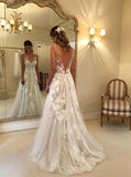 v neck tulle lace appliques long beach backless wedding dress