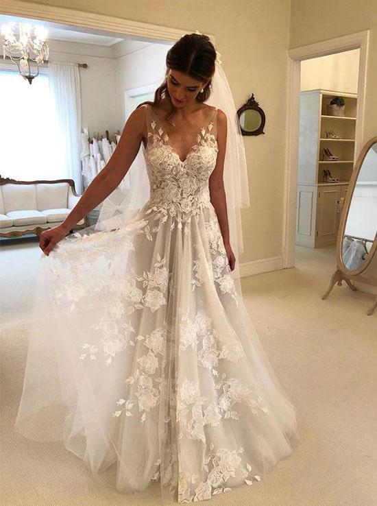 v neck tulle lace appliques long beach backless wedding dress
