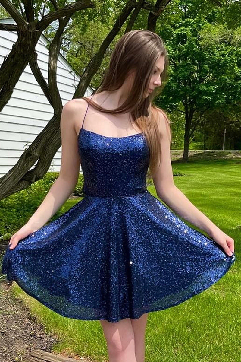 a line navy sequins short homecoming dress with criss cross back