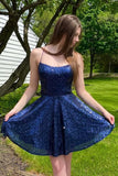 A Line Navy Sequins Short Homecoming Dress with Criss Cross Back GM605