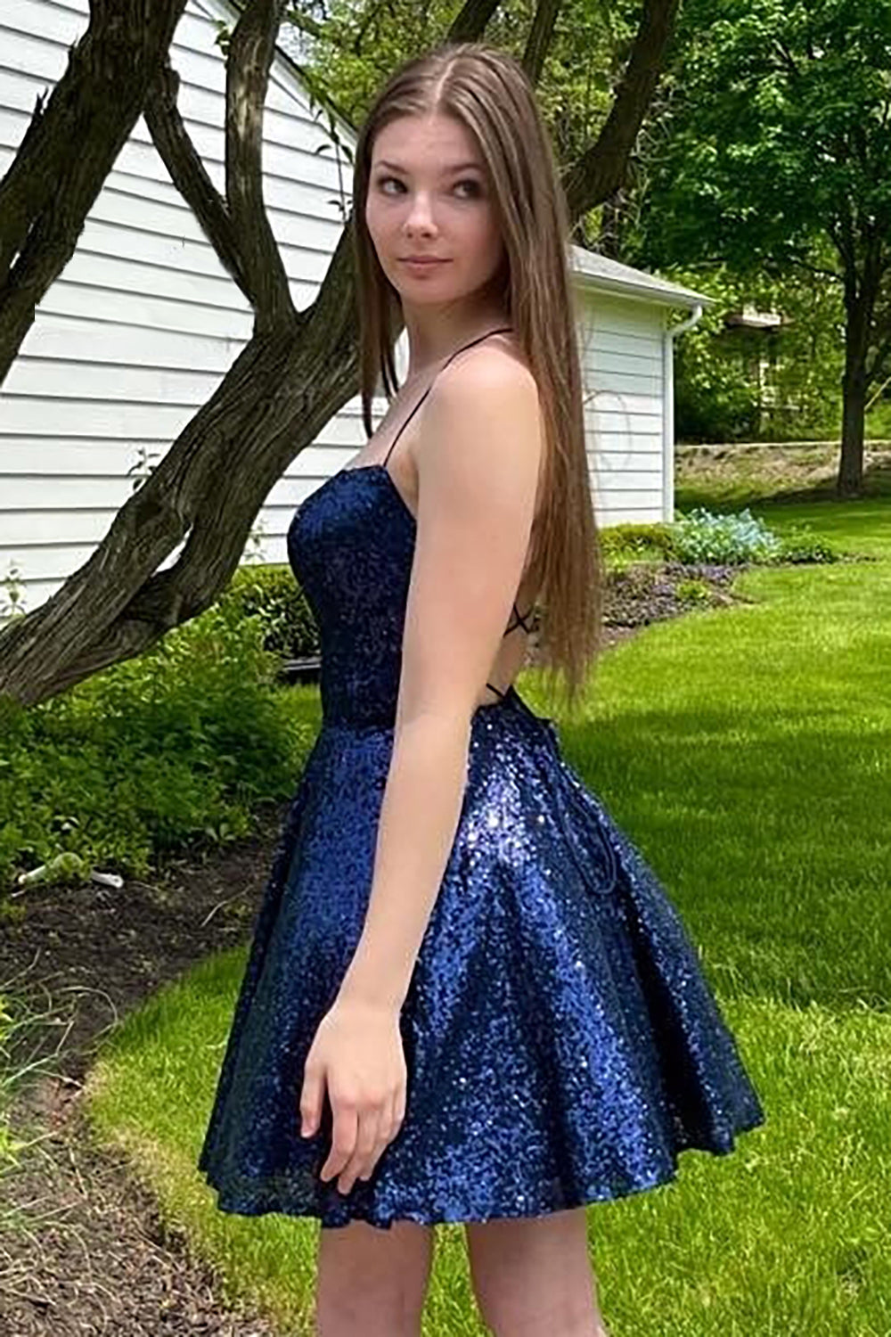 a line navy sequins short homecoming dress with criss cross back