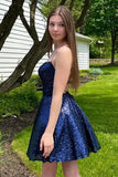 a line navy sequins short homecoming dress with criss cross back