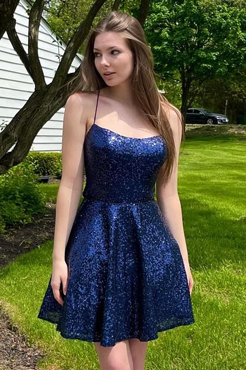 a line navy sequins short homecoming dress with criss cross back