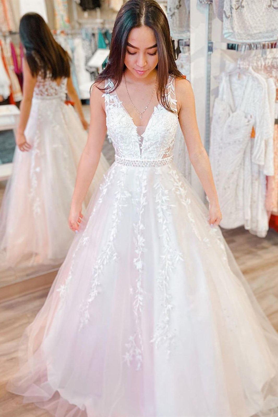 v neck white applique wedding dresses long formal prom dresses
