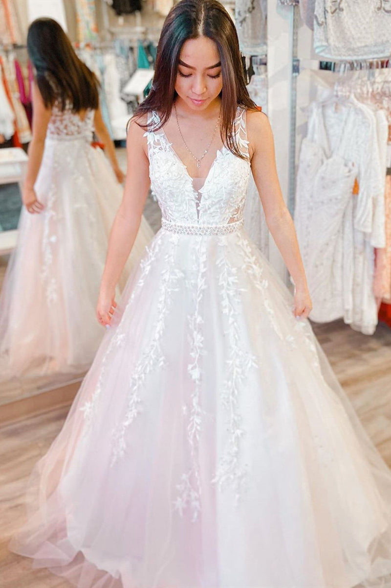 v neck white applique wedding dresses long formal prom dresses