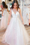 v neck white applique wedding dresses long formal prom dresses
