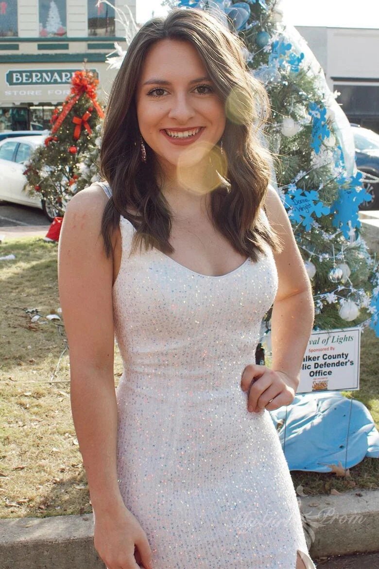 white sequin v neck mermaid long prom dress sparkly slit evening gown