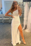 White Sheath Sequins Ruched One-Shoulder Prom Evening Dresses With Slit GP353
