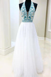 white chiffon long prom dress v neck with blue beaded bodice dress