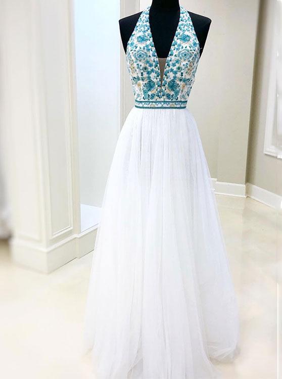 white chiffon long prom dress v neck with blue beaded bodice dress
