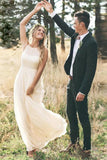 Simple Round Neck Sleeveless Bridal Dresses, Chiffon Long Pleated Wedding Dress PW01