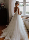 Elegant round neck v-back tulle ivory wedding dresses with bowknot mg665