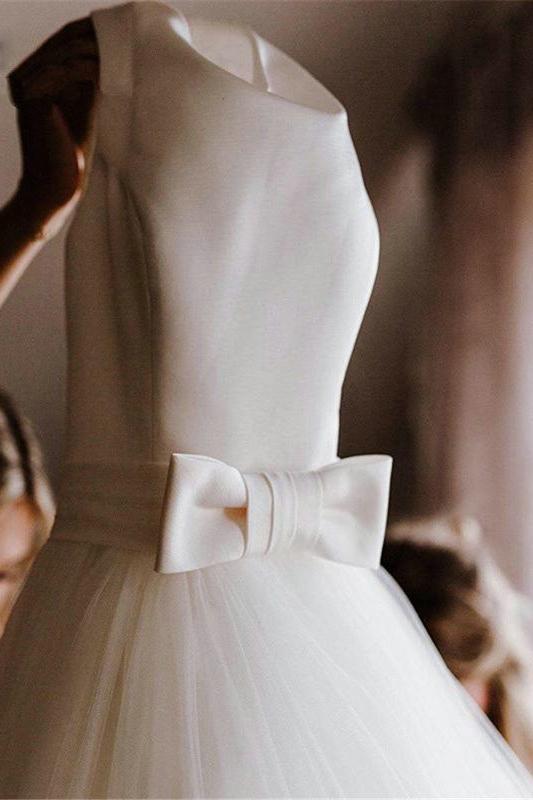 Elegant round neck v-back tulle ivory wedding dresses with bowknot mg665