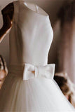 Elegant round neck v-back tulle ivory wedding dresses with bowknot mg665